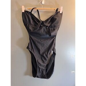 Palisades Beach Club Black One Piece Swimsuit Tie Front High Cut XL 84361-11